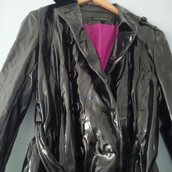 Via Spiga Black Patent Faux Leather Belted Button Front Trench Coat L - Picture 3 of 6